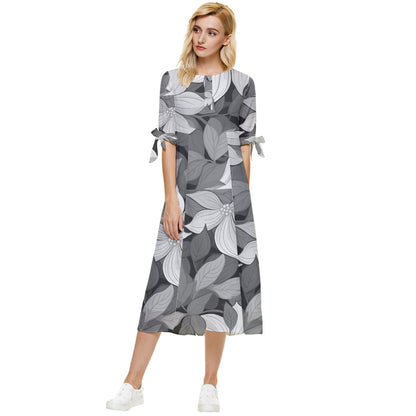 Puakenikeni Gray Flowers Bow Sleeve Chiffon Midi Dress