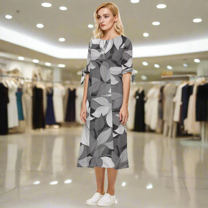 Puakenikeni Gray Flowers Bow Sleeve Chiffon Midi Dress