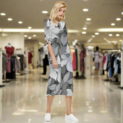 Puakenikeni Gray Flowers Bow Sleeve Chiffon Midi Dress