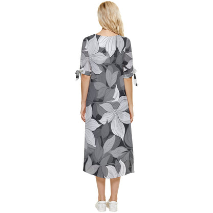 Puakenikeni Gray Flowers Bow Sleeve Chiffon Midi Dress