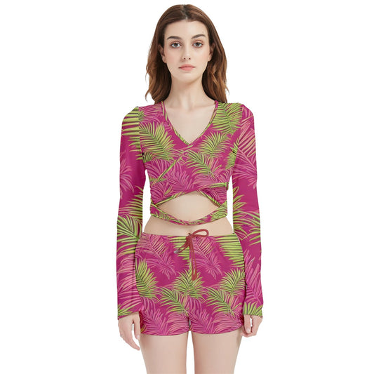 Sago Palms Velvet Wrap Crop Top and Shorts Set 5XL