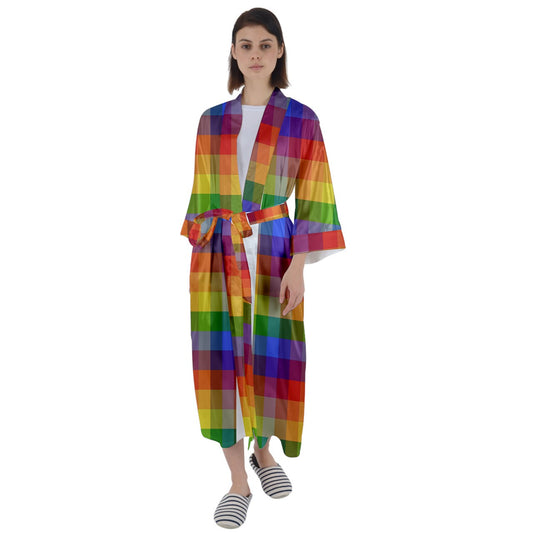 Rainbow Plaid Maxi Satin Kimono