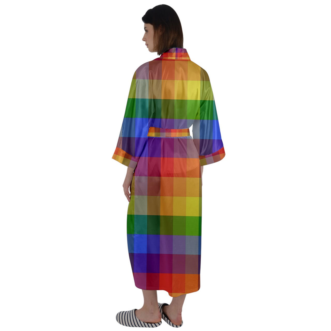 Rainbow Plaid Maxi Satin Kimono