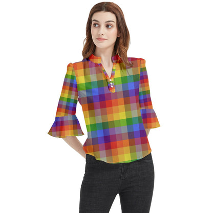 Rainbow Plaid Loose Horn Sleeve Chiffon Blouse