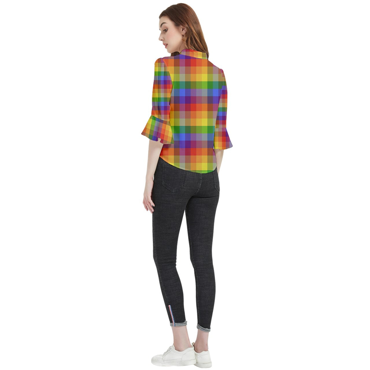 Rainbow Plaid Loose Horn Sleeve Chiffon Blouse