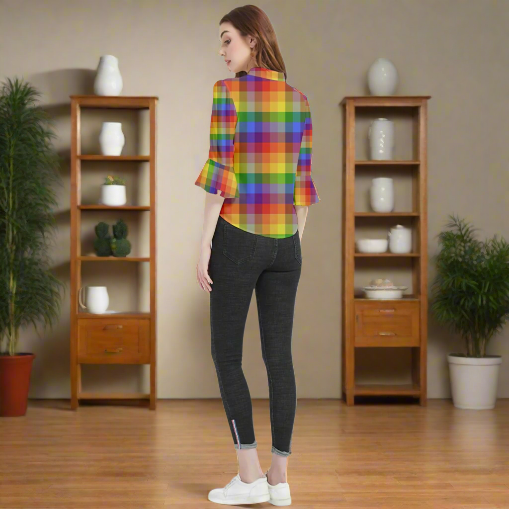 Rainbow Plaid Loose Horn Sleeve Chiffon Blouse