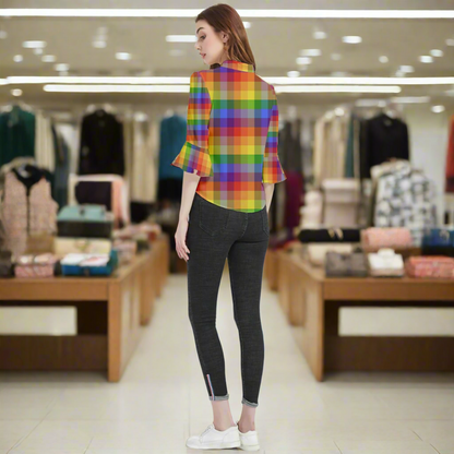 Rainbow Plaid Loose Horn Sleeve Chiffon Blouse