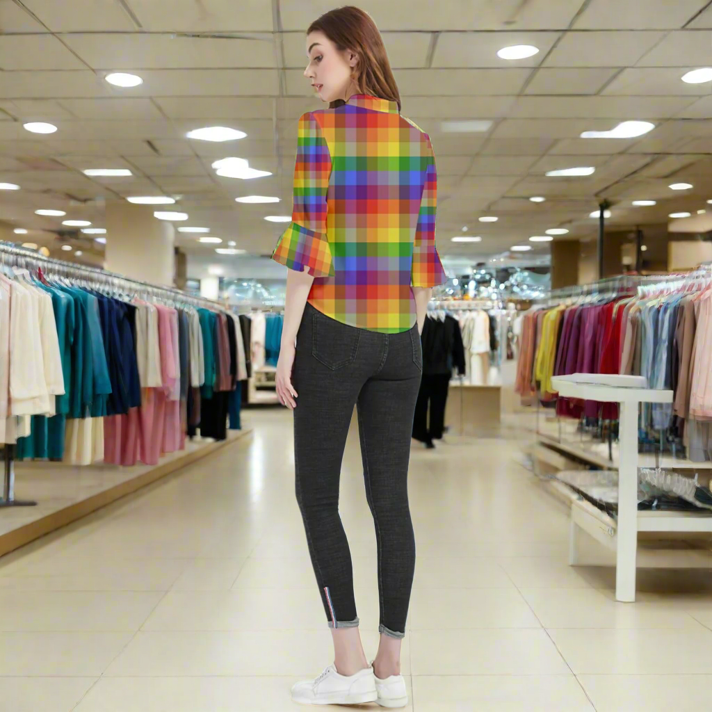 Rainbow Plaid Loose Horn Sleeve Chiffon Blouse