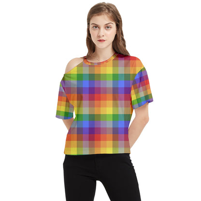 Rainbow Plaid One Shoulder Cut Out T-Shirt - Casual, Chic, and Perfect for Everyday Elegance