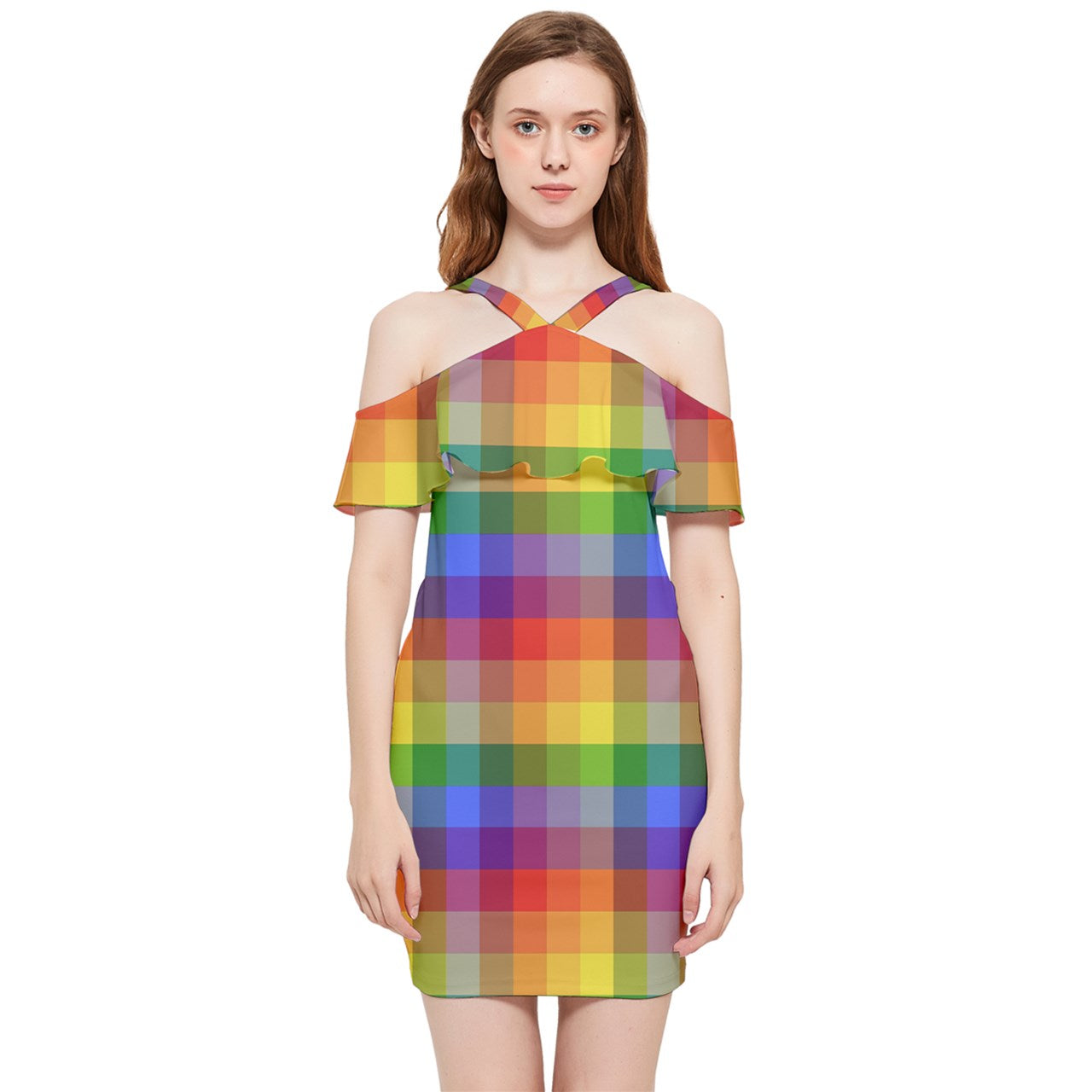 Rainbow Plaid Shoulder Frill Bodycon Summer Dress