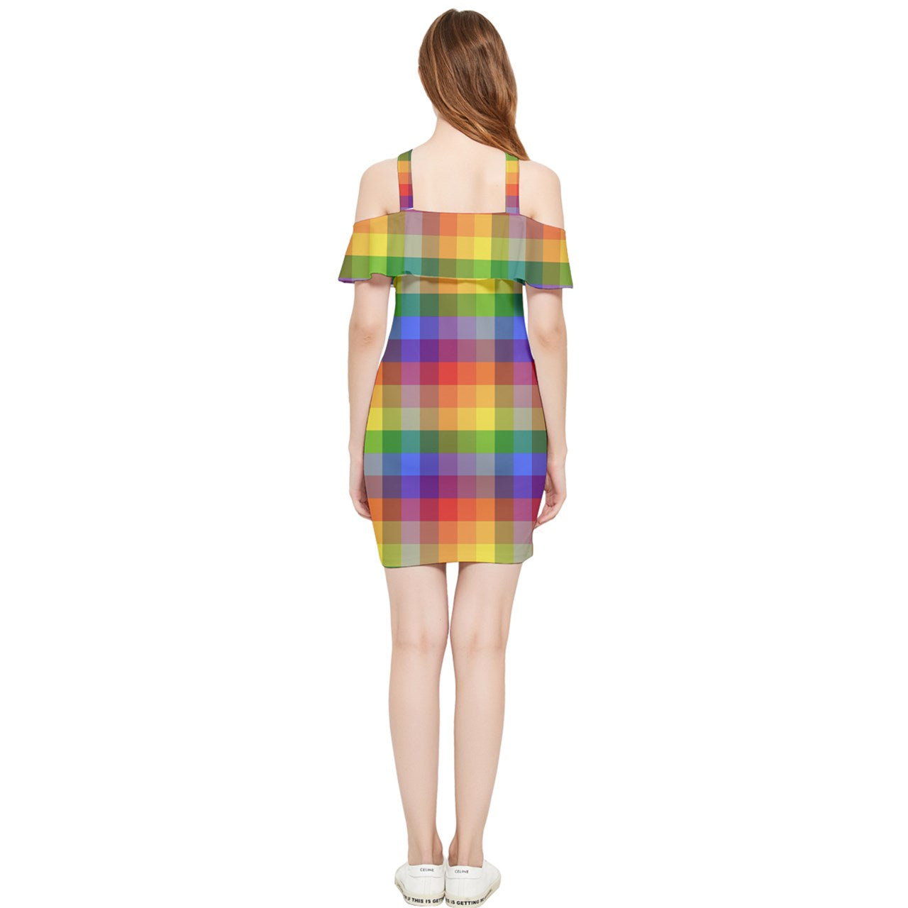 Rainbow Plaid Shoulder Frill Bodycon Summer Dress