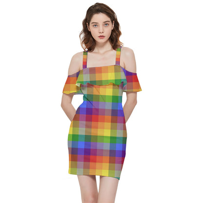 Rainbow Plaid Shoulder Frill Bodycon Summer Dress