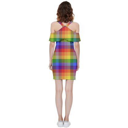 Rainbow Plaid Shoulder Frill Bodycon Summer Dress