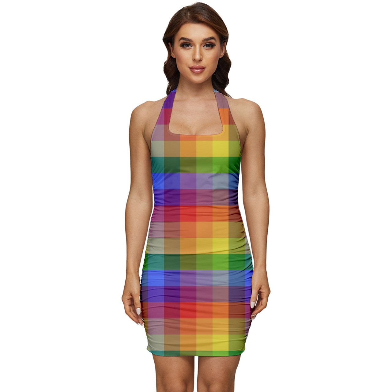 Rainbow Plaid Sleeveless Wide Square Neckline Ruched Bodycon Dress