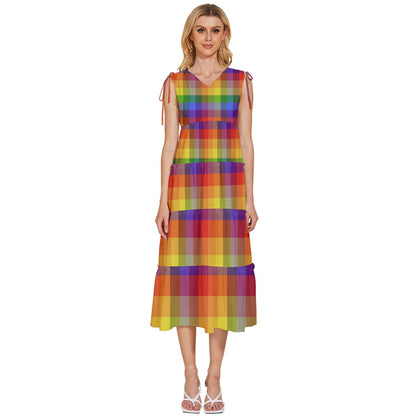 Rainbow Plaid V-Neck Drawstring Shoulder Sleeveless Maxi Dress