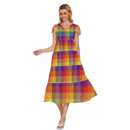 Rainbow Plaid V-Neck Drawstring Shoulder Sleeveless Maxi Dress