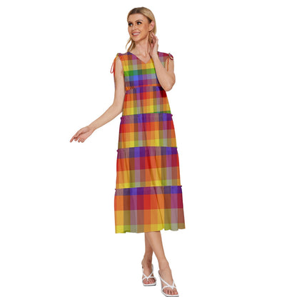 Rainbow Plaid V-Neck Drawstring Shoulder Sleeveless Maxi Dress