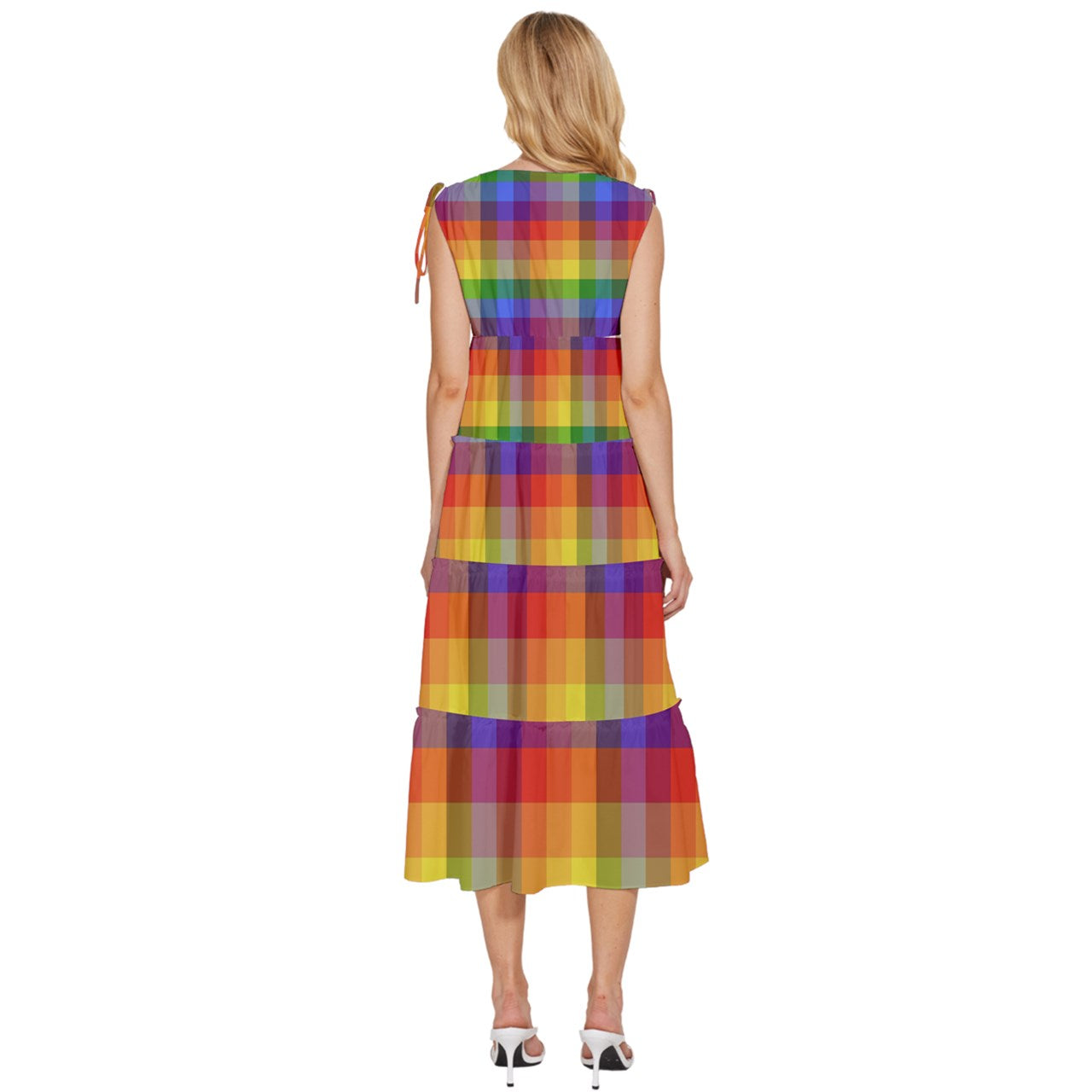 Rainbow Plaid V-Neck Drawstring Shoulder Sleeveless Maxi Dress