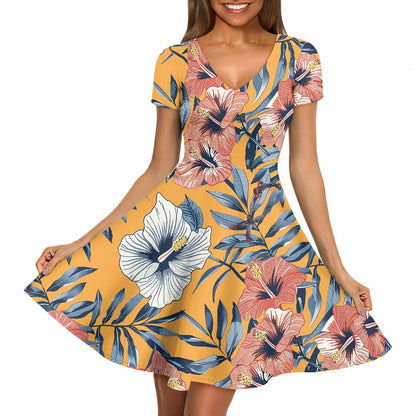 Women V-Neck Short Sleeve Ruffle Dress