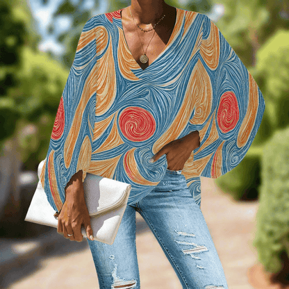 Abstract V-Neck Chiffon Puff Sleeve Blouse by Luxtrini