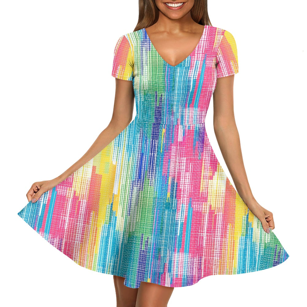 Rainbow Glitch Women V-Neck Short Sleeve Ruffle Dress
