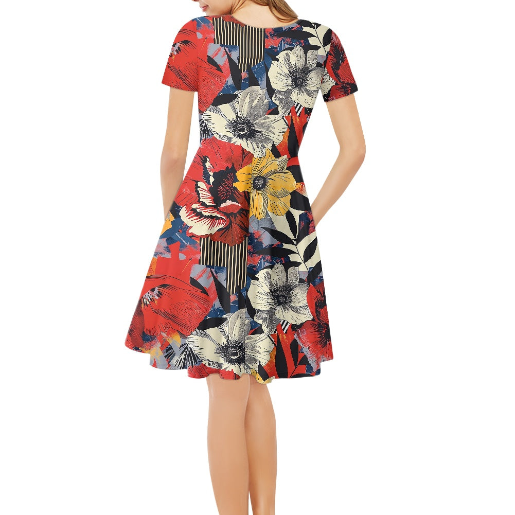 Bloom & Lines: Chic Women’s V-Neck Short Sleeve Ruffle Dress with Floral and Geometric Design