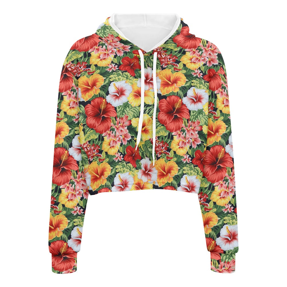 Women's midriff-baring sweatshirt - Hibiscus white