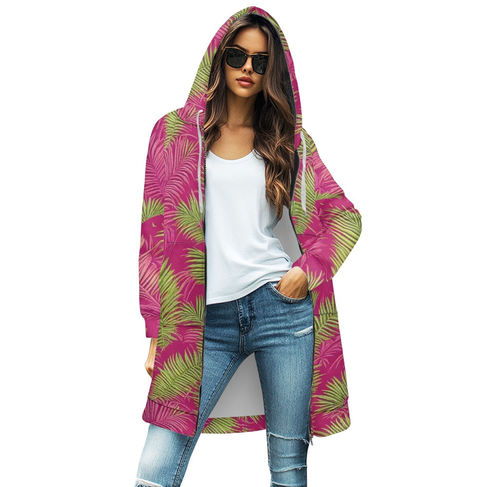 Women's mid-length hooded sweatshirt cardigan