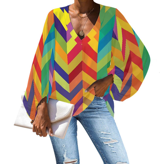V-Neck Chiffon Puff Sleeve Blouse by Luxtrini 4XL