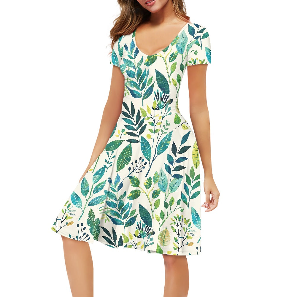 Women V-Neck Short Sleeve Ruffle Dress