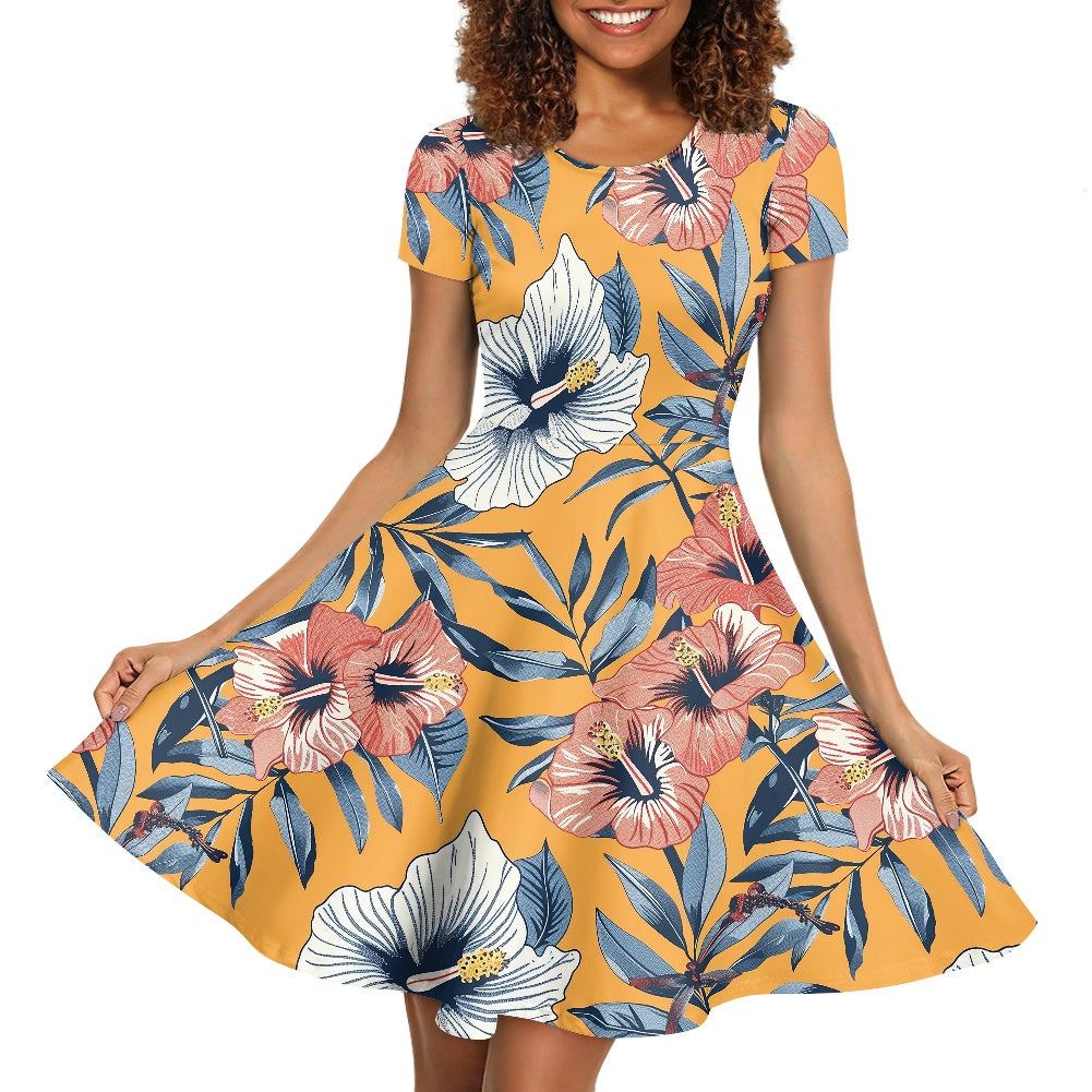 Women Scoop Neck Short Sleeve Ruffle Dress