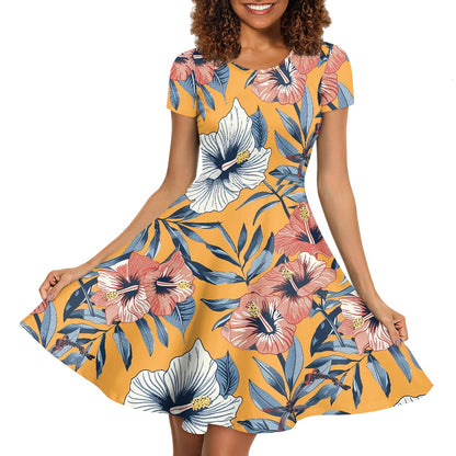 Women Scoop Neck Short Sleeve Ruffle Dress