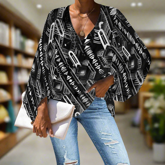 Ethnic African Kente pattern V-Neck Chiffon Puff Sleeve Blouse by Luxtrini