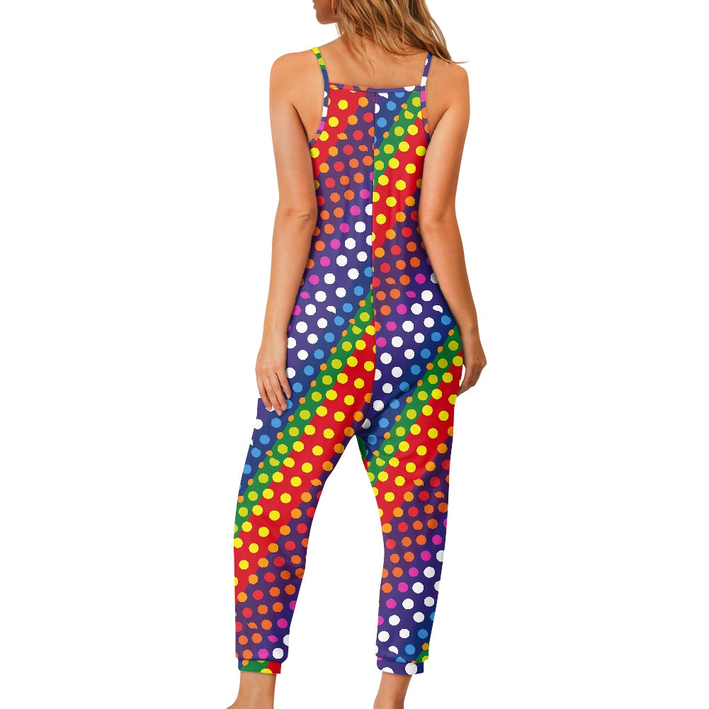 LGBTQ-Friendly Rainbow Polka Dot 
Airy Casual Sleeveless Jumpsuit with V-Neck and Side Pockets – Ideal for Relaxed Summer Outings by Luxtrini