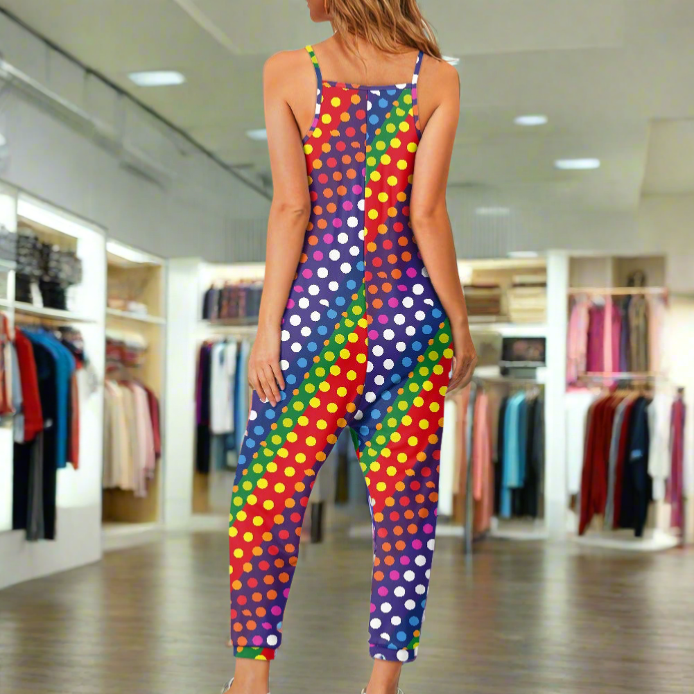 LGBTQ-Friendly Rainbow Polka Dot 
Airy Casual Sleeveless Jumpsuit with V-Neck and Side Pockets – Ideal for Relaxed Summer Outings by Luxtrini