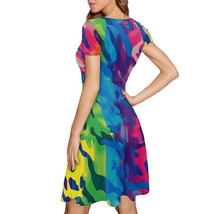 Women Scoop Neck Short Sleeve Ruffle Dress