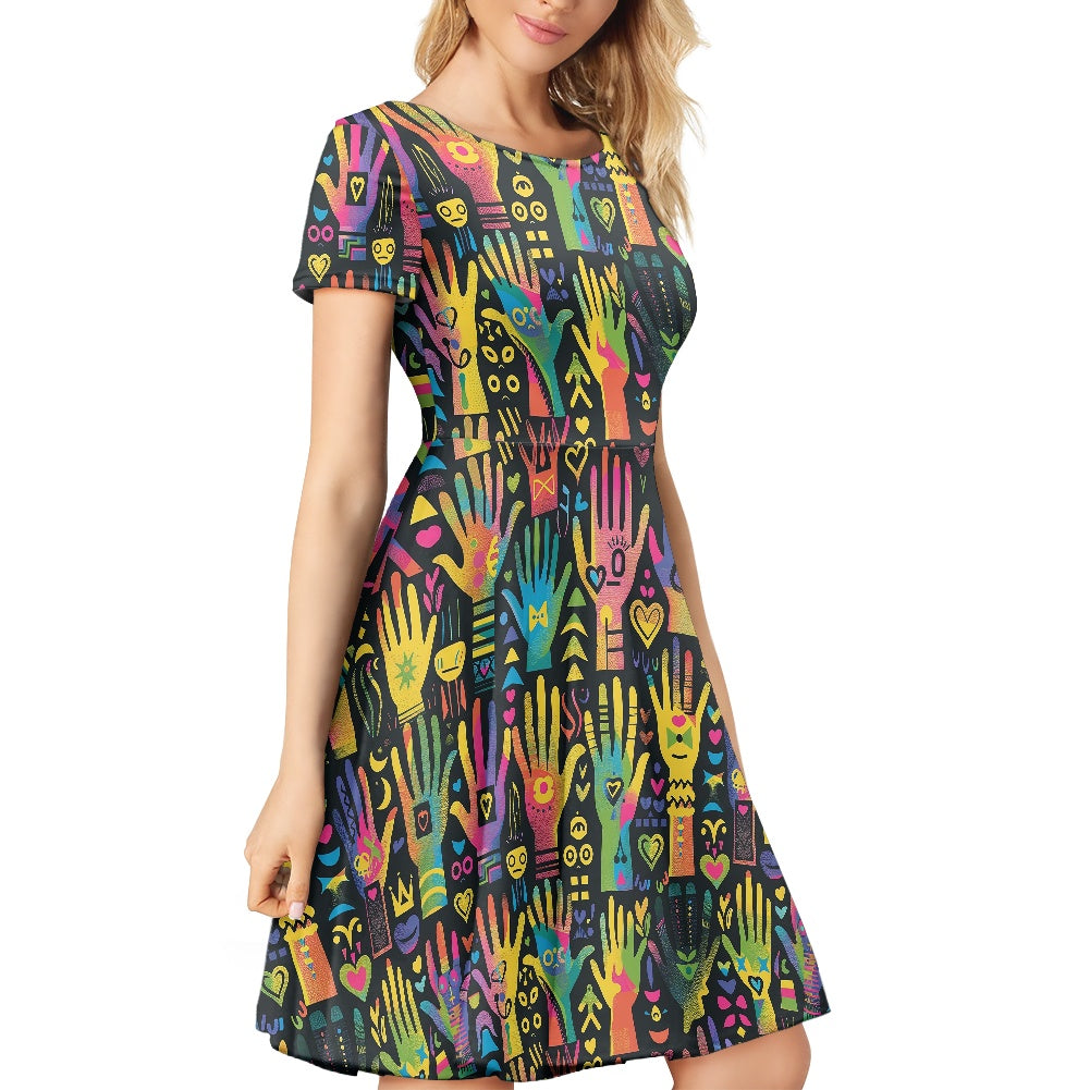 Women Scoop Neck Short Sleeve Ruffle Dress