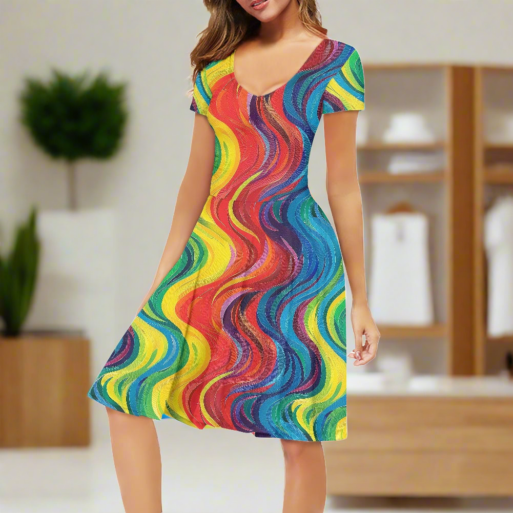 Rainbow Women V-Neck Short Sleeve Ruffle Dress