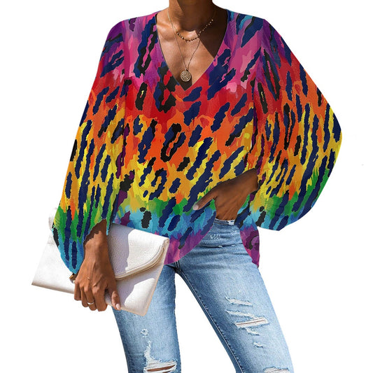 V-Neck Chiffon Puff Sleeve Blouse by Luxtrini 4XL