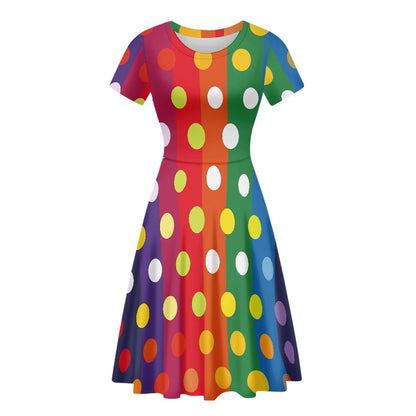 Rainbow Polka Women Scoop Neck Short Sleeve Ruffle Dress white