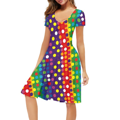 Polka Dot Rainbow Women V-Neck Short Sleeve Ruffle Dress