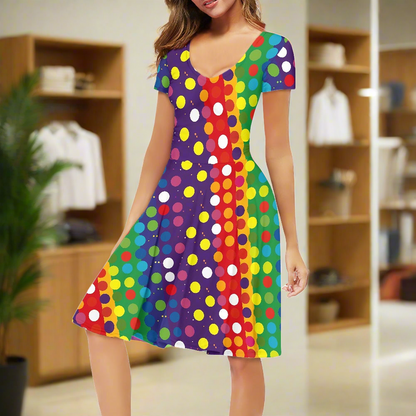 Polka Dot Rainbow Women V-Neck Short Sleeve Ruffle Dress