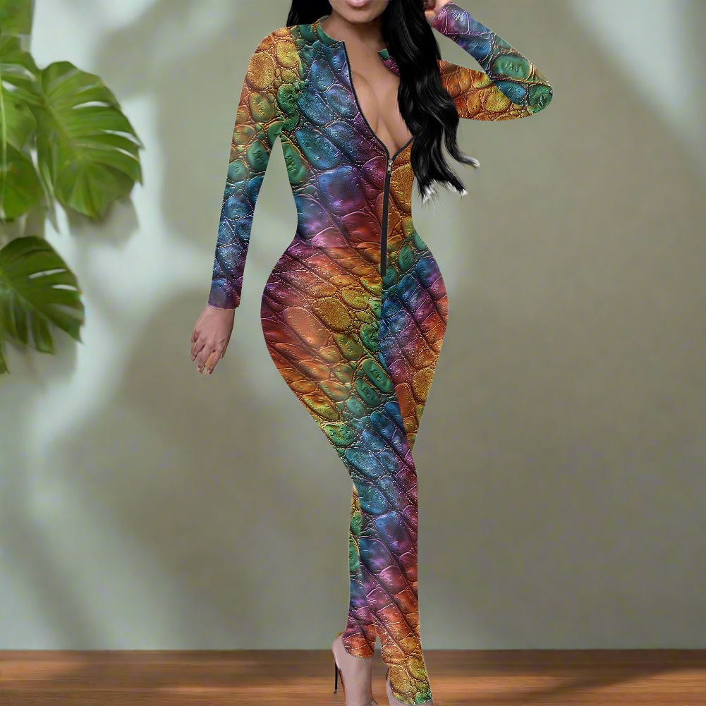 Unique Alligator Skin pattern Rainbow Pride Women's Plunging Neck Jumpsuit