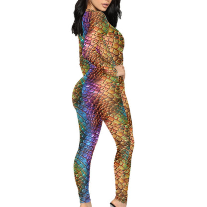 Unique Alligator Skin pattern Rainbow Pride Women's Plunging Neck Jumpsuit