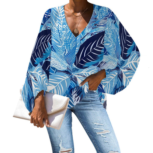 V-Neck Chiffon Puff Sleeve Blouse by Luxtrini