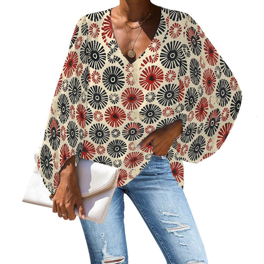 V-Neck Chiffon Puff Sleeve Blouse by Luxtrini 4XL