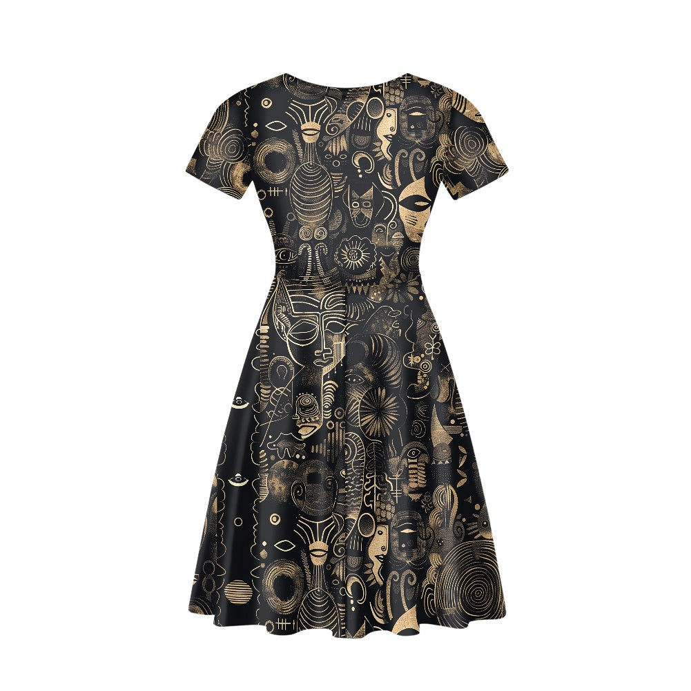 Black and Beige Women V-Neck Short Sleeve Ruffle Dress with Afrofuturism Touches