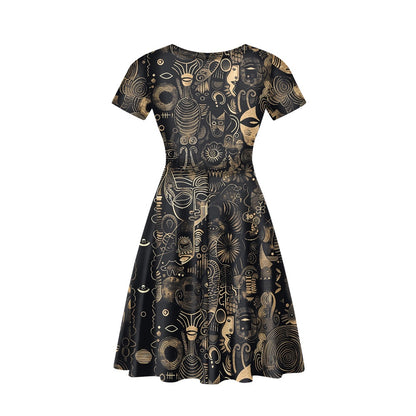 Black and Beige Women V-Neck Short Sleeve Ruffle Dress with Afrofuturism Touches