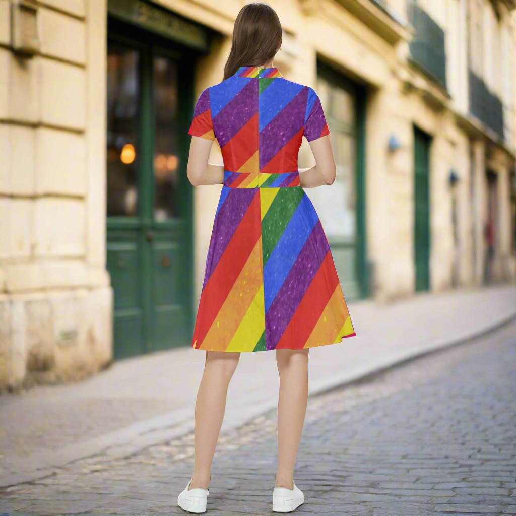 LGBTQ Short Sleeve Waist Detail Dress - Rainbow Pride