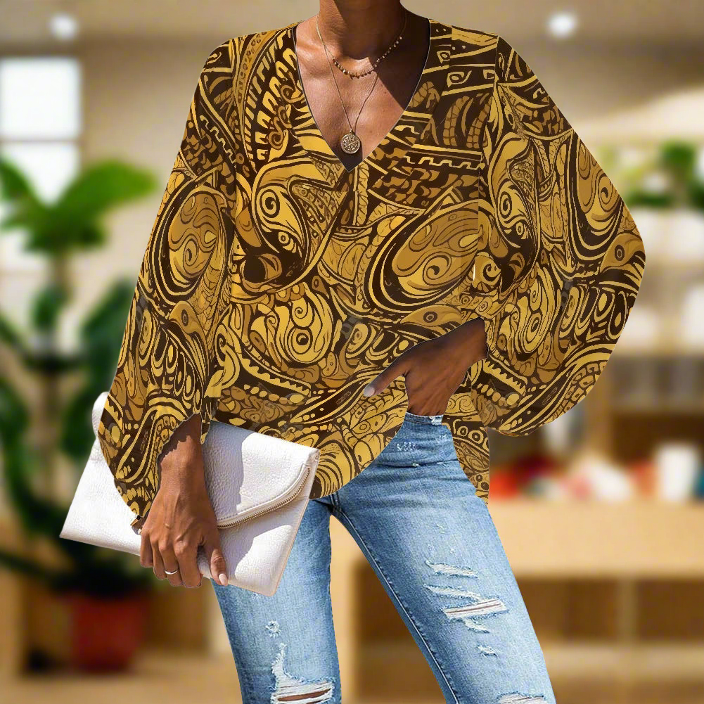 African Ethnic Animal Motif V-Neck Chiffon Puff Sleeve Blouse by Luxtrini